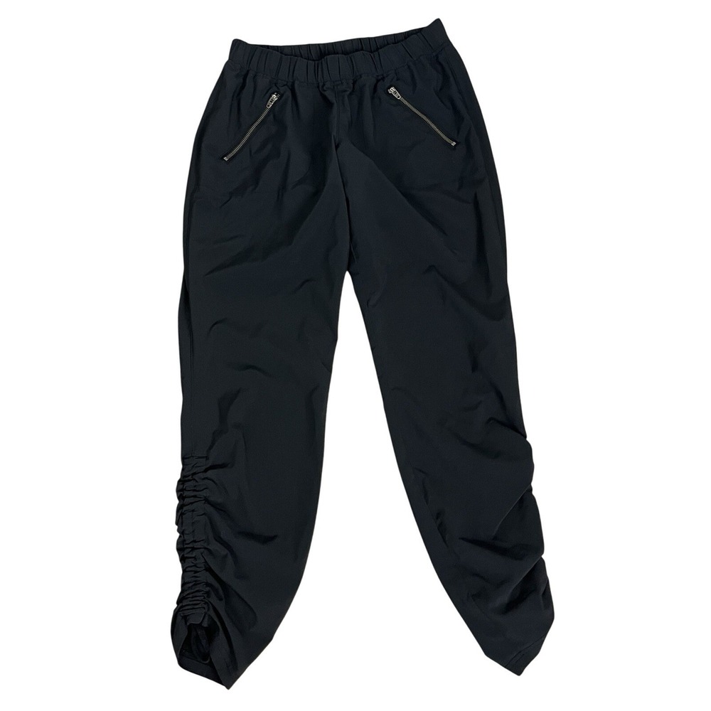 Athleta Womens Track Pants Black Ruched Ankle Zip Pocket Elastic Waist Size 2